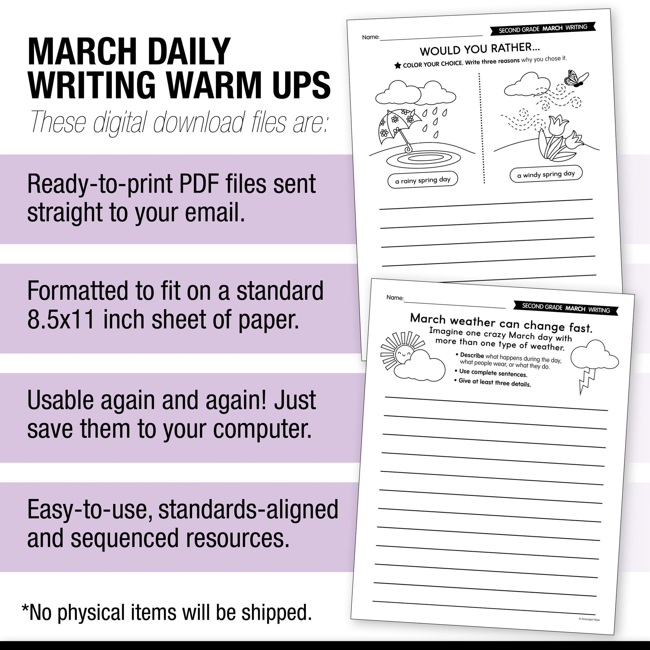 Printable Second Grade March Daily Writing Warm Ups