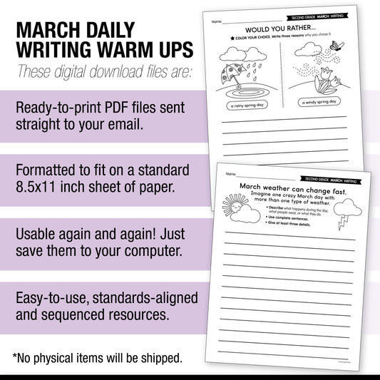 Printable Second Grade March Daily Writing Warm Ups