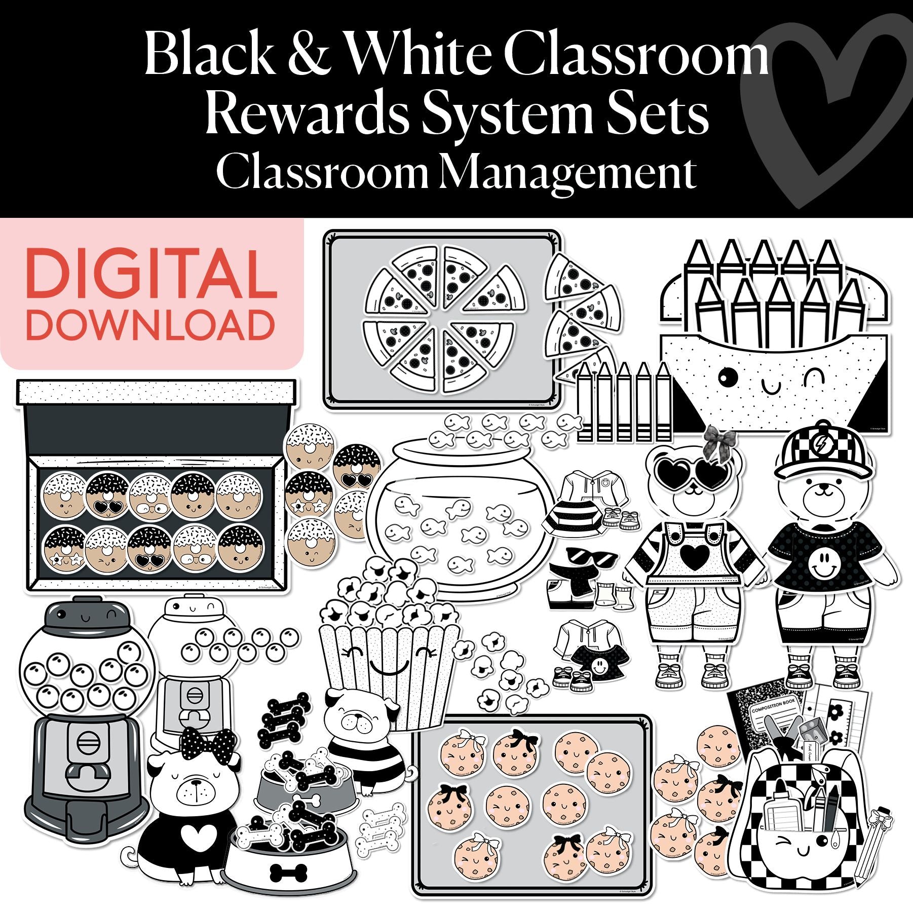 Printable Black and White Classroom Rewards System Sets