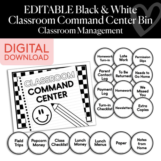 Printable Black and White Command Center Classroom Bin 