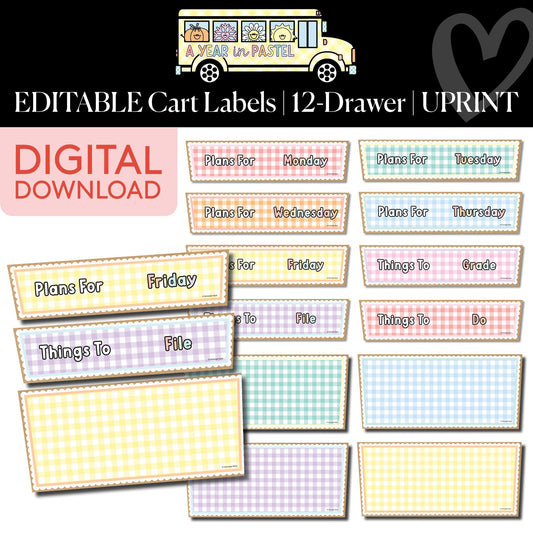 Printable Gingham Editable 12 Drawer Cart Labels | A Year In Pastel