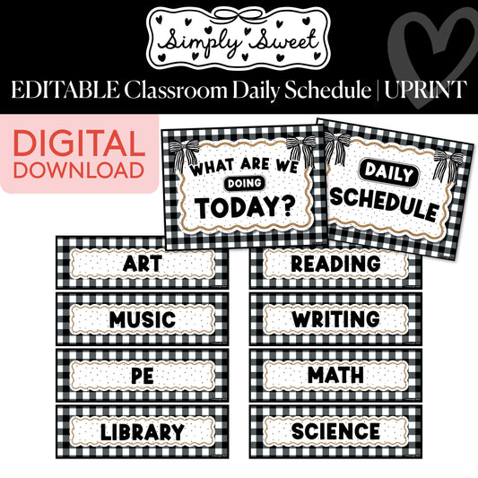Printable Classic Black and White Editable Classroom Daily Schedule | Simply Sweet