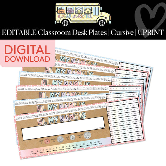 Printable Editable Cursive Classroom Desk Plates | A Year In Pastel