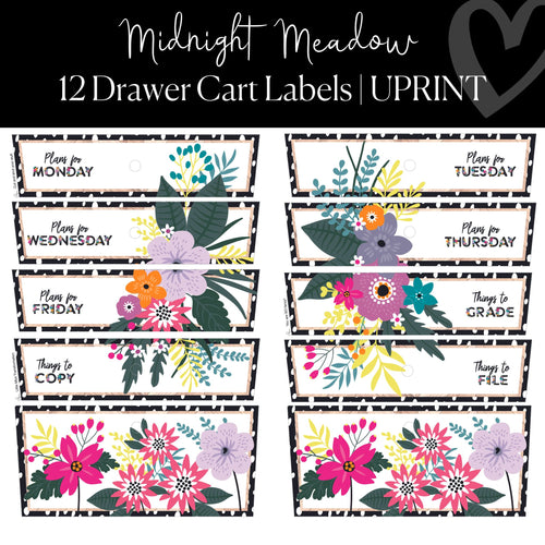 Printable and Editable 12 Drawer Rolling Cart Labels Classroom Decor Midnight Meadow By UPRINT