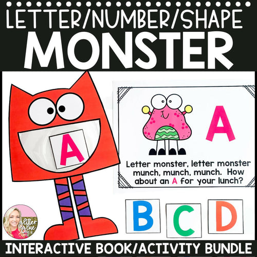 Letter Number and Shape Monster Interactive Book and Activity Bundle by Glitter and Glue and Pre-K Too