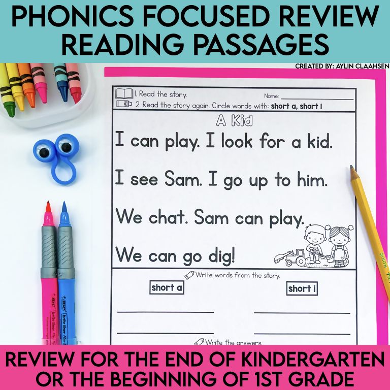 Phonics Focused Review Reading Passages Review for the End of Kindergarten or the Beginning of 1st Grade by Literacy with Aylin Claahsen