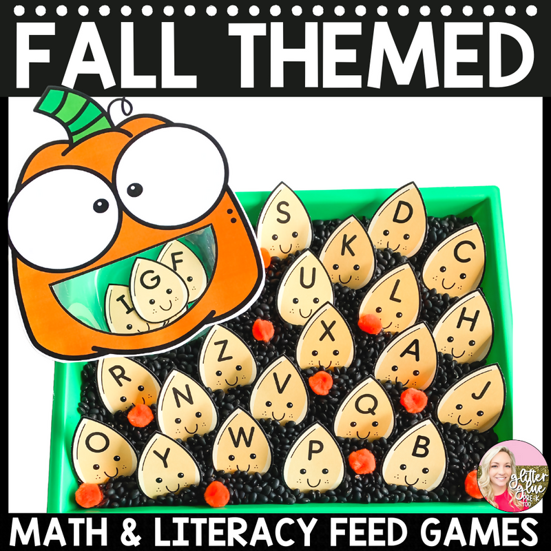 Fall Themed Math and Literacy Feed Games Feed the Pumpkin by Glitter and Glue and Pre-K Too