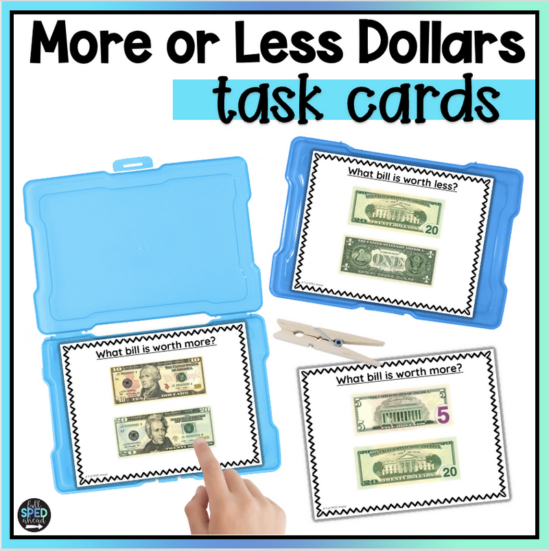 Budgeting More or Less Us Dollar Task Cards for Special Education by Full SPED Ahead