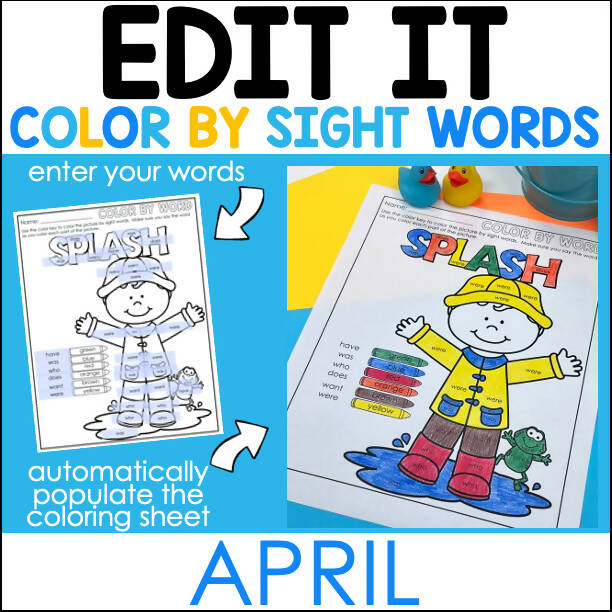 Editable Color by Code Sight Words April Spring by Differentiated Kindergarten Marsha McGuire 