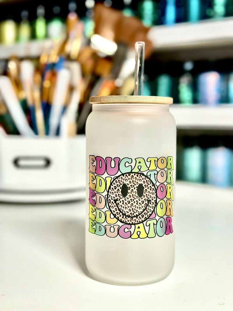 Educator Leopard Smiley Frosted Glass Can by Crafting by Mayra 