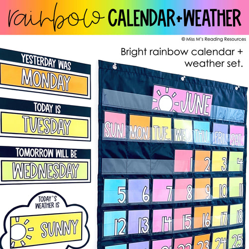 Calendar Template and Weather Chart Rainbow Classroom Decor Morning Meeting | Printable Classroom Resource | Miss M's Reading Reading Resources