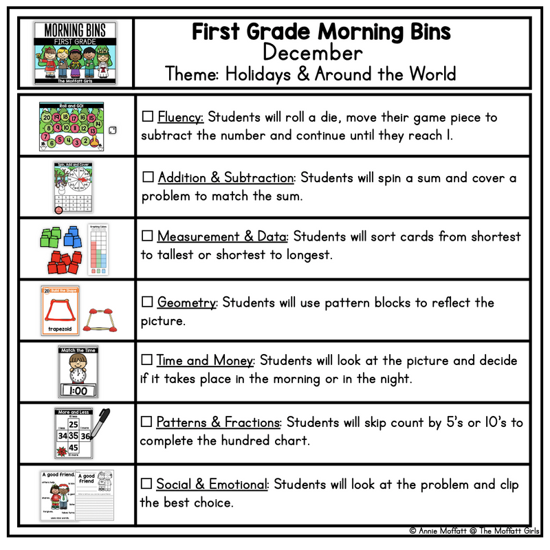 1st Grade December Morning Bins | Printable Classroom Resource | The Moffatt Girls