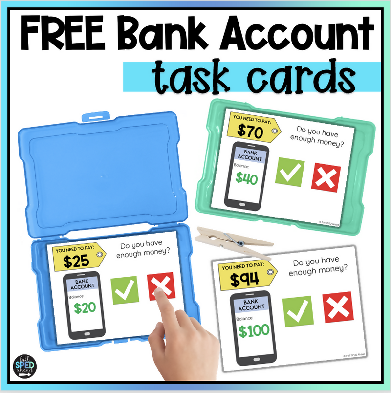 Free Bank Account Task Cards for Special Education by Full SPED Ahead