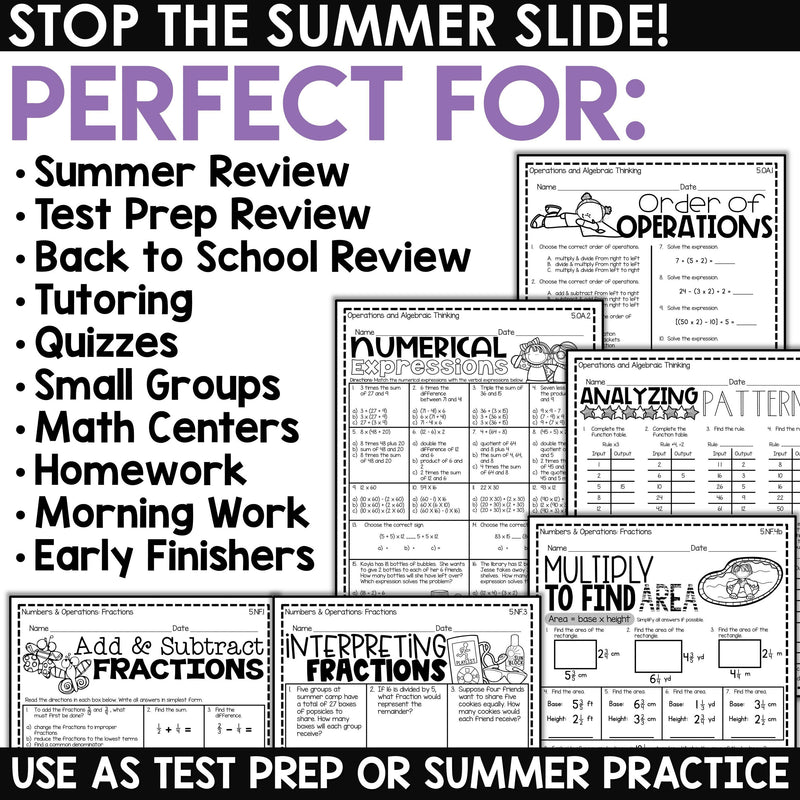 5th Grade Math Review Packet | Summer Math, Test Prep, Homework, Assessments