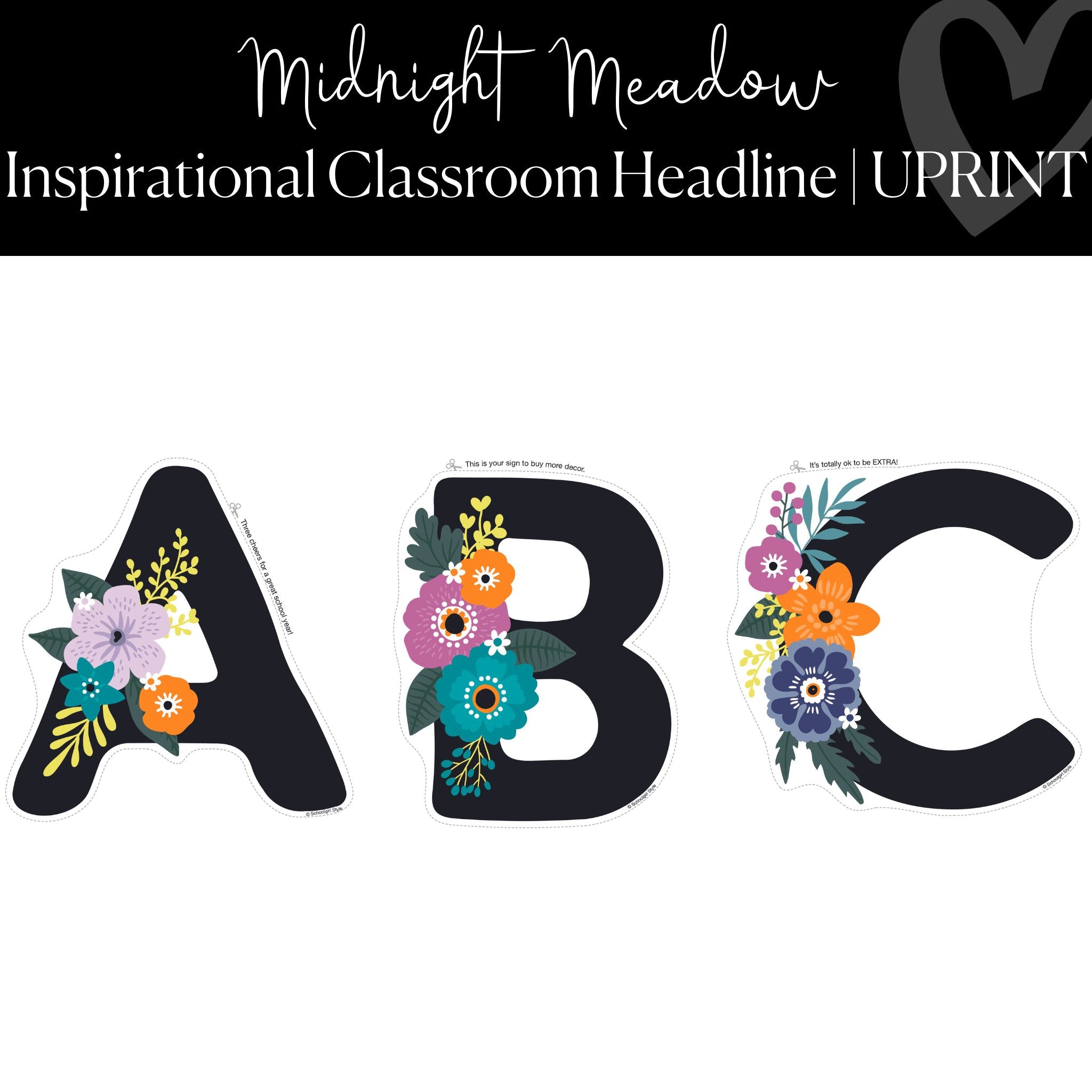 Black with Floral Swag Bulletin Board Letters, DIY Inspirational Classroom  Headline