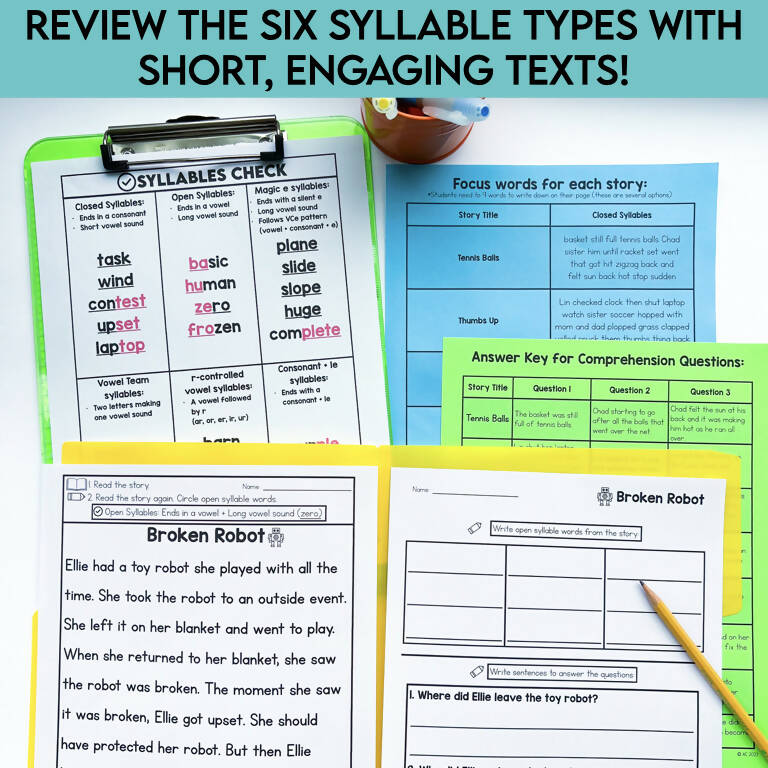 2nd Grade 6 Syllable Types Phonics Focused Review Reading Passages Worksheets