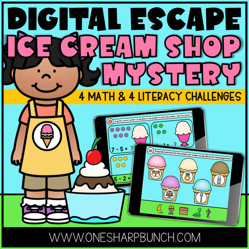 Digital Escape Ice Cream Shop Mystery 4 Math and 4 Literacy Challenges by One Sharp Bunch