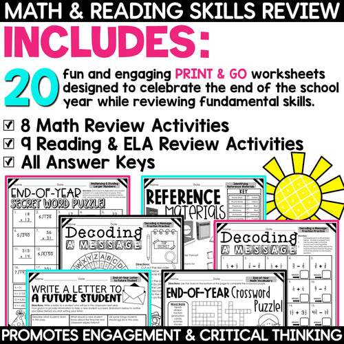 End of the Year Activities Math and Reading Last Week Day of School Activities