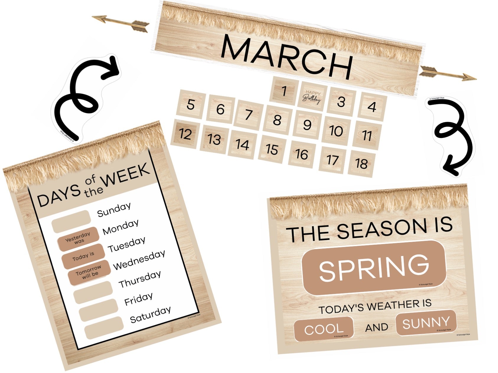 Fringe Calendar Bulletin Board SetNeutralSchoolgirl Style