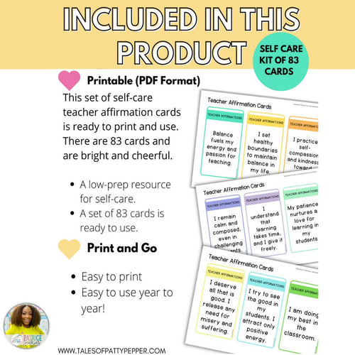 Self Care: Teacher Affirmation Cards | Printable Classroom Resource | Tales of Patty Pepper