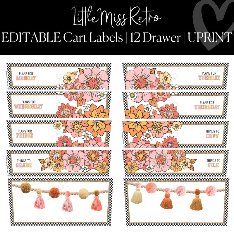 Printable and Editable 12 Drawer Rolling Cart Labels Classroom Decor Little Miss Retro By UPRINT