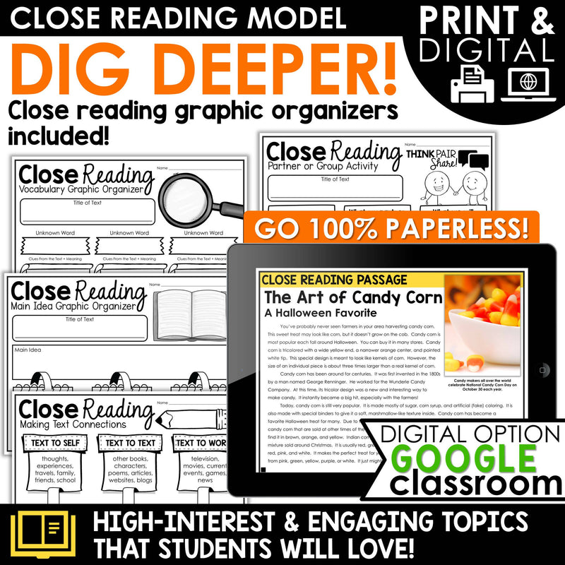 October Close Reading Halloween Differentiated Reading Comprehension Passages for 3rd-5th Grades