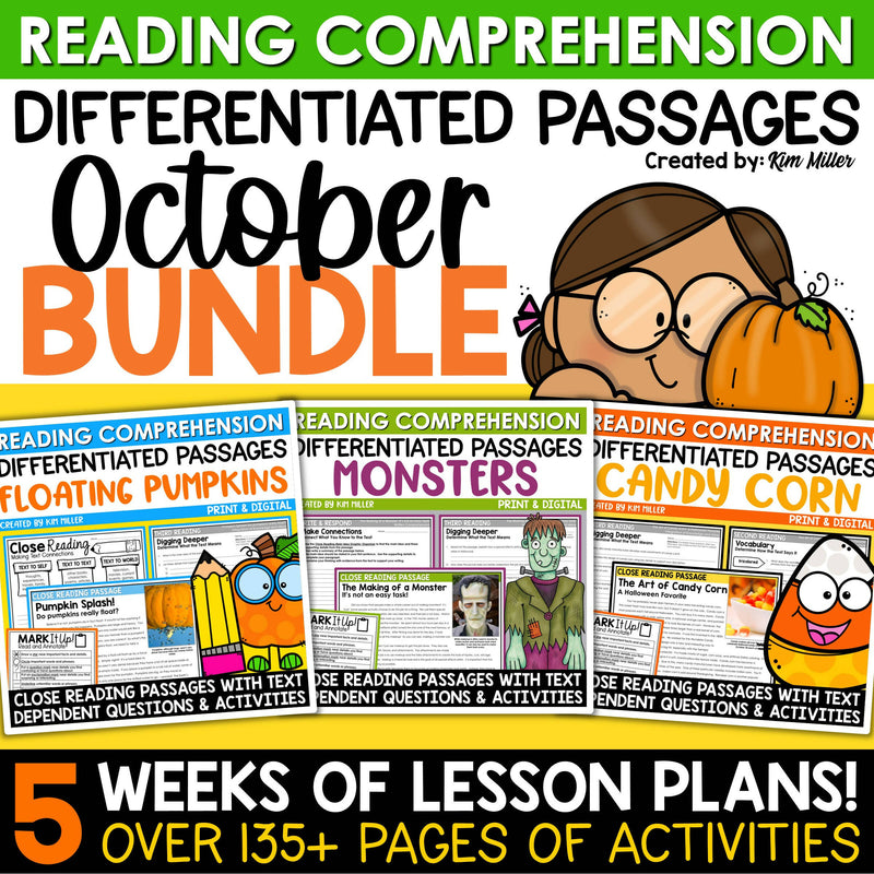 October Close Reading Halloween Differentiated Reading Comprehension Passages for 3rd-5th Grades