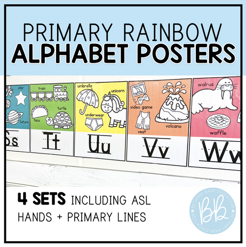 Primary Rainbow Alphabet Posters 4 Sets Including ASL Hands + Primary Lines by Bethany Barr Education