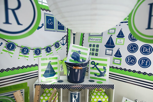 Preppy Nautical Lime Green and Navy Blue Classroom Prints