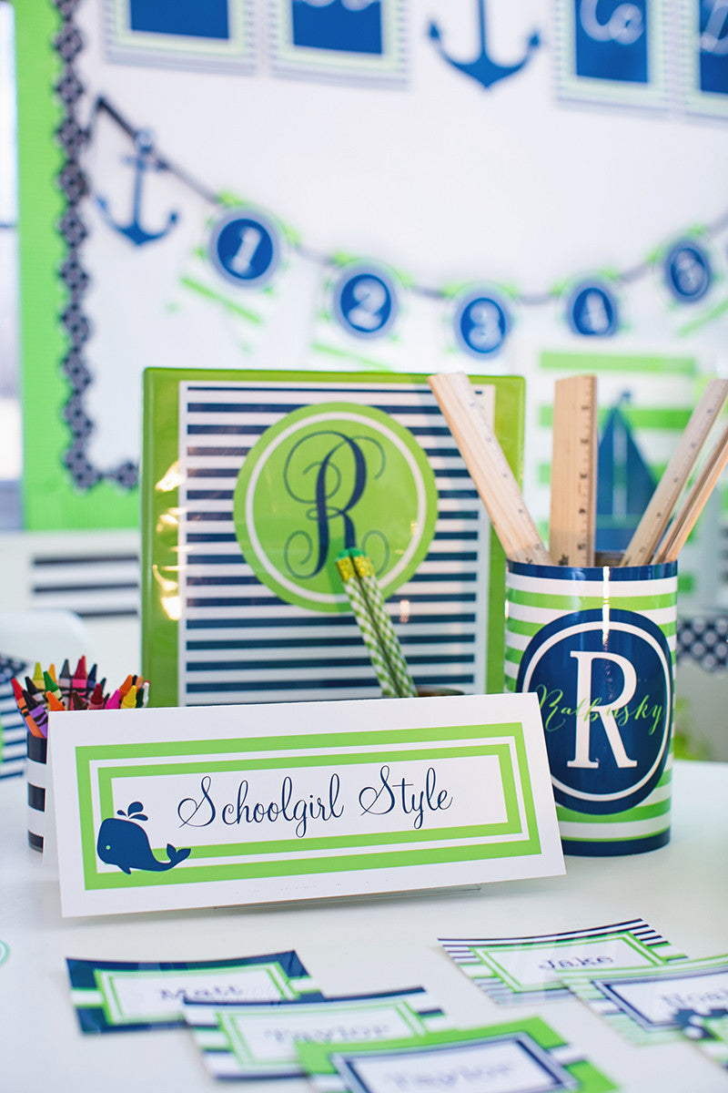 Preppy Nautical Lime Green & Navy Blue Binder Covers