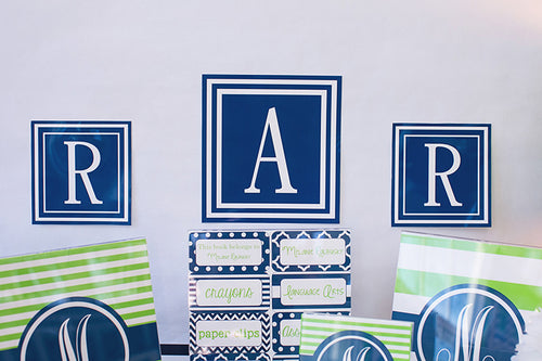 Preppy Nautical Lime Green & Navy Blue Square Monogram Letters