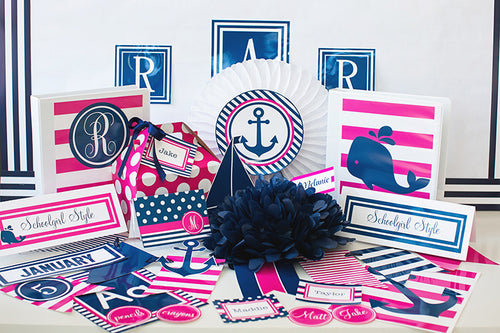 Preppy Nautical Hot Pink and Navy Blue Monogram Letters {UPRINT}