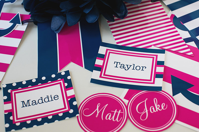 3 inch Round Labels | Preppy Nautical Hot Pink and Navy Blue | UPRINT | Schoolgirl Style