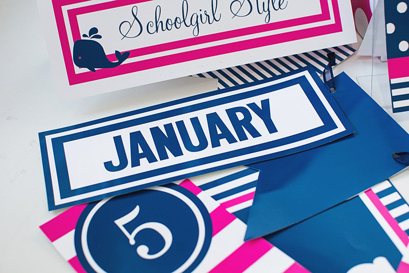 Calendar Headrs Preppy Nautical Hot Pink and Navy Blue by UPRINT