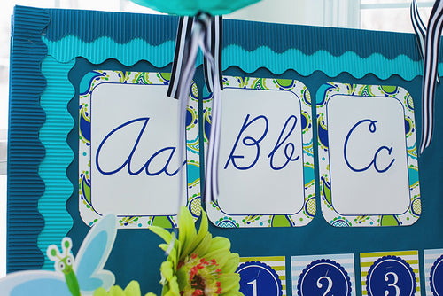 Cursive Alphabet Cards Paisley Turquoise Blue and Green by UPRINT
