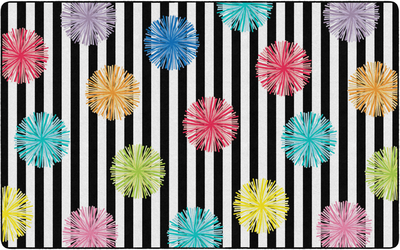 Colorful Poms on Black and White Stripe Classroom Rug by Flagship