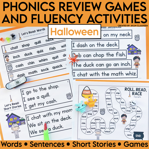 Phonics Review Games and Fluency Activities Halloween Words Sentences Short Stories and Games by Literacy with Aylin Claahsen