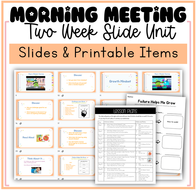 Morning Meeting Growth Mindset Unit Slides and Printables Social Emotional Learning