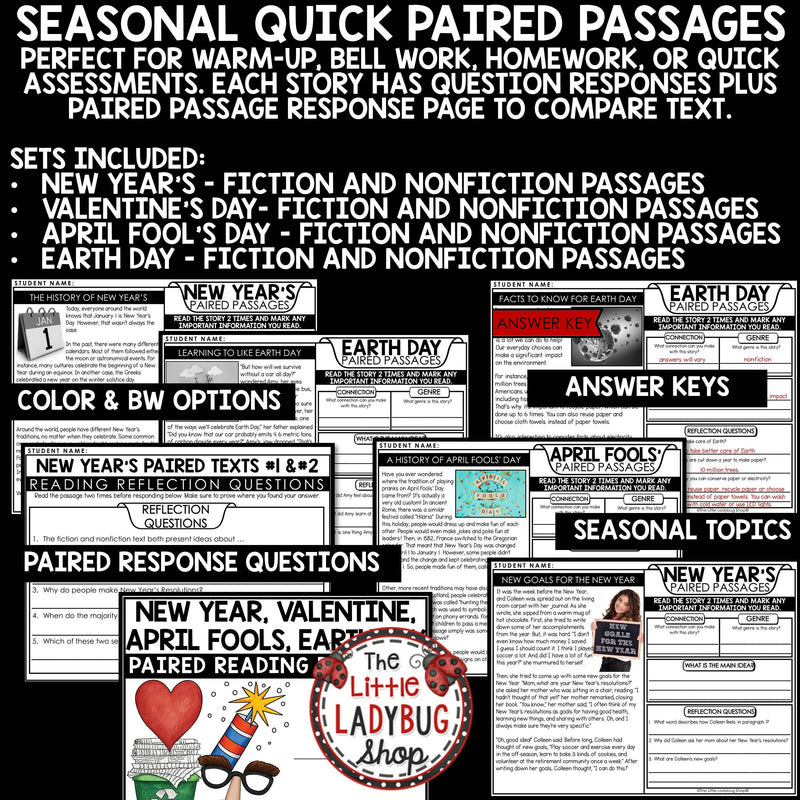Quick Reading Skills Paired Passages | New Years, Valentine's Day, Earth Day, and April Fools Reading Comprehension | Paired Passages | Printable Teacher Resources | The Little Ladybug Shop