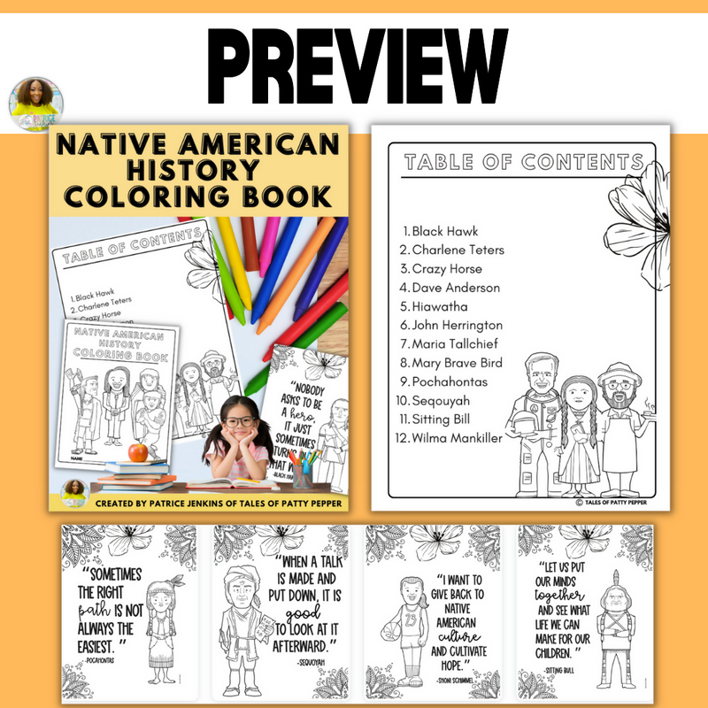 Native American History: Influential Leaders Coloring Book | Printable Classroom Resource | Tales of Patty Pepper