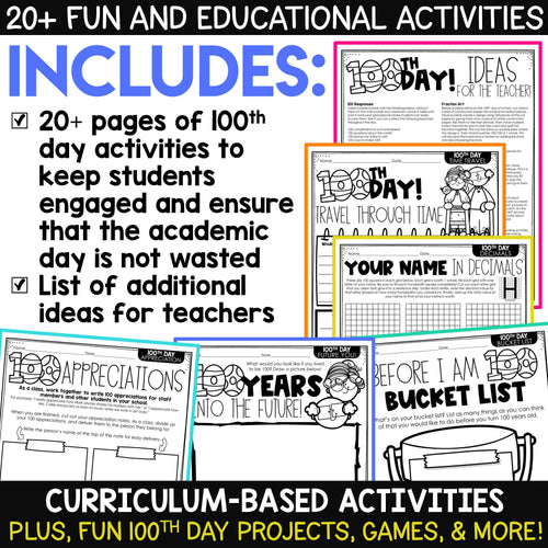 100th Day of School Activities for Upper Grades and Older Students 3rd 4th 5th | Printable Teacher Resources | A Love of Teaching