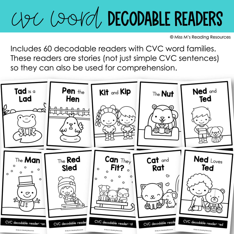 Decodable Readers with CVC Words Bundle Decodable Passages | Printable Classroom Resource | Miss M's Reading Reading Resources