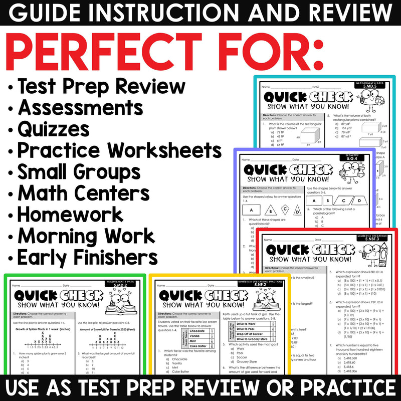 5th Grade Math Review Worksheets Assessments Homework Morning Work Test Prep