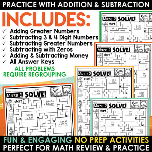 Fall Math Worksheets Multi Digit Addition & Subtraction Regrouping Math Mazes