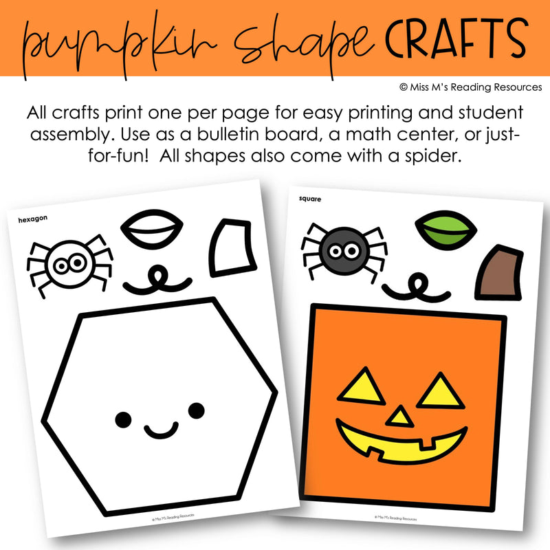 Pumpkin Craft and Bulletin Board Halloween 2D Shape Math Craft | Printable Classroom Resource | Miss M's Reading Reading Resources