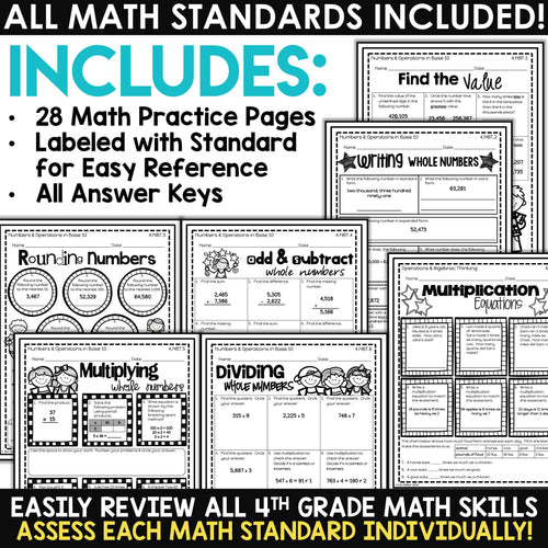4th Grade Math Review Packet | Summer Math, Test Prep, Homework, Assessments