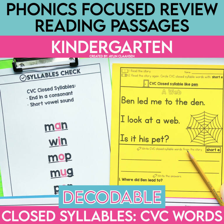 Kindergarten Closed Syllables Decodable Phonics Focused Review Reading Passages
