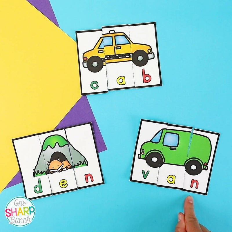 Decodable CVC Word Puzzles for Short Vowels Segmenting and Blending Practice