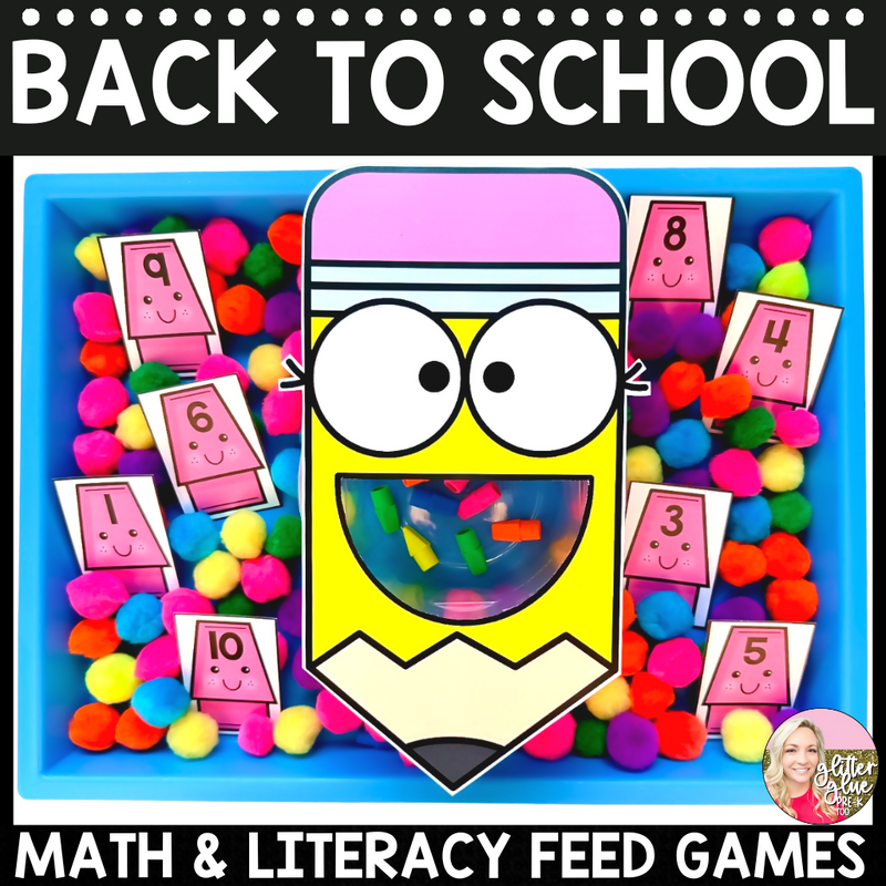 Back to School Math and Literacy Feed Games by Glitter and Glue and Pre-K Too