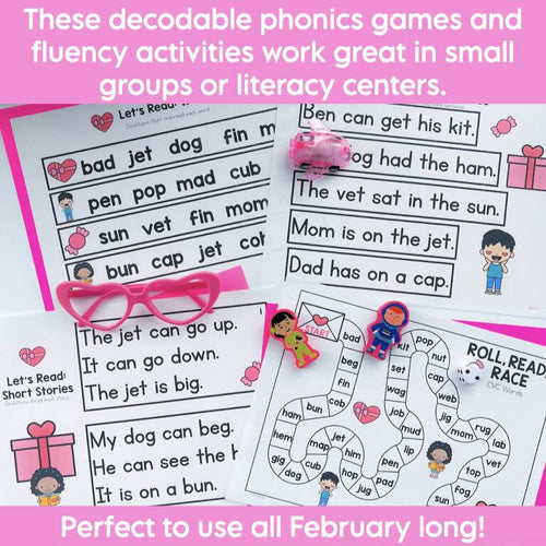 Valentine's Day Decodable Phonics Review Games and Fluency Activities | Science of Reading Aligned | Printable Teacher Resources | Literacy with Aylin Claahsen